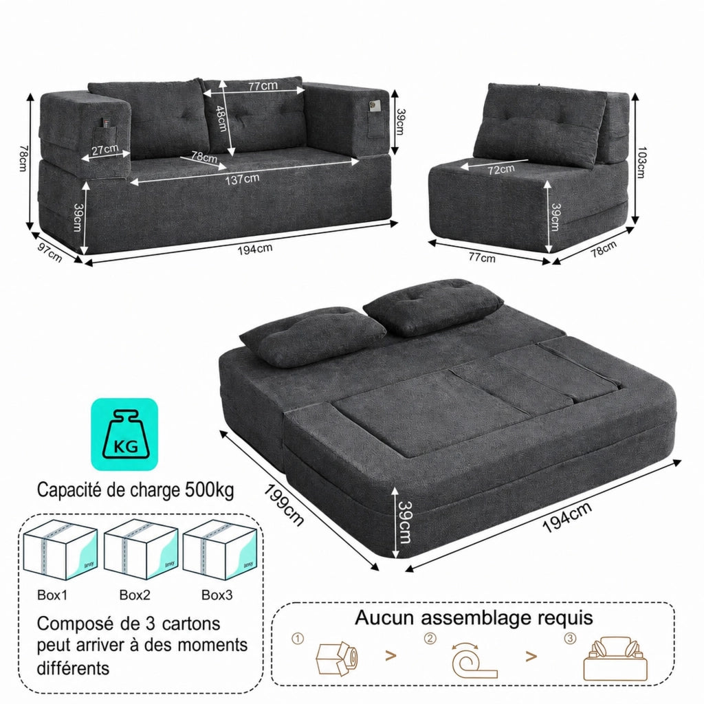 Divano modulare convertibile senza montaggio con tasche laterali in tessuto grigio scuro 199 × 194 × 39 cm