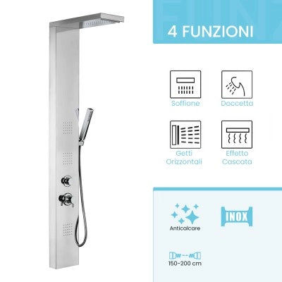 Pannello doccia multifunzione con 4 getti in acciaio inox cromato