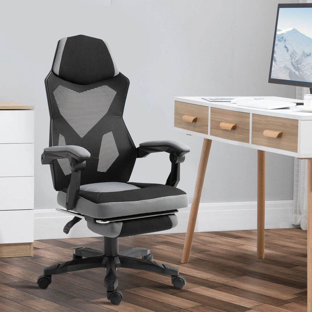 Poltrona da ufficio gaming reclinabile con poggiapiedi ¨C zephmum ¨C tessuto in mesh, grigio scuro, 58x63x112-122 cm