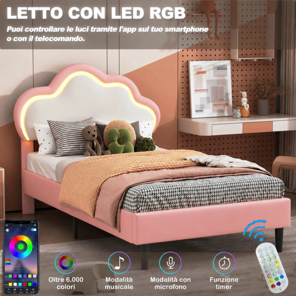 Letto per bambini 90x200cm con testiera a nuvola regolabile, rivestimento ecopelle rosa, luci RGB LED, telecomando e app, struttura robusta per camera da letto