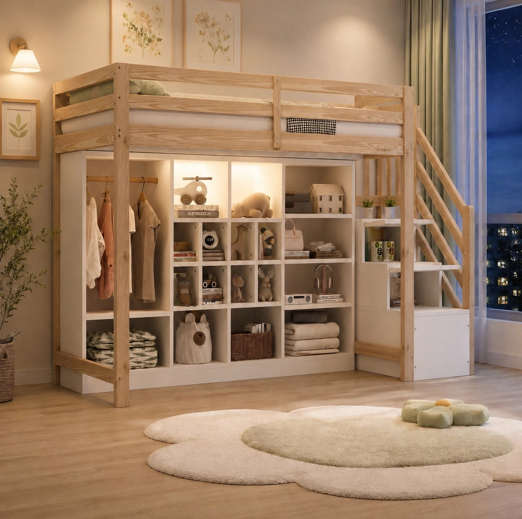 Letto a soppalco 90x200 cm con armadio, LED e scala contenitore