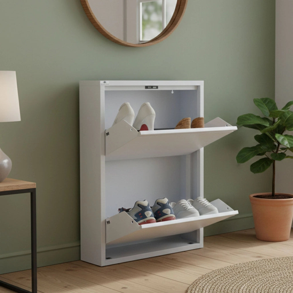 Scarpiera Igina, Mobile portascarpe in metallo, Armadio da ingresso multiuso, Mobiletto per calzature, 50x15h71 cm, Bianco