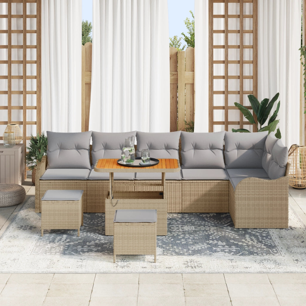 Set di Divani da Giardino 9 Pezzi con Cuscini Beige Polyrattan Acacia