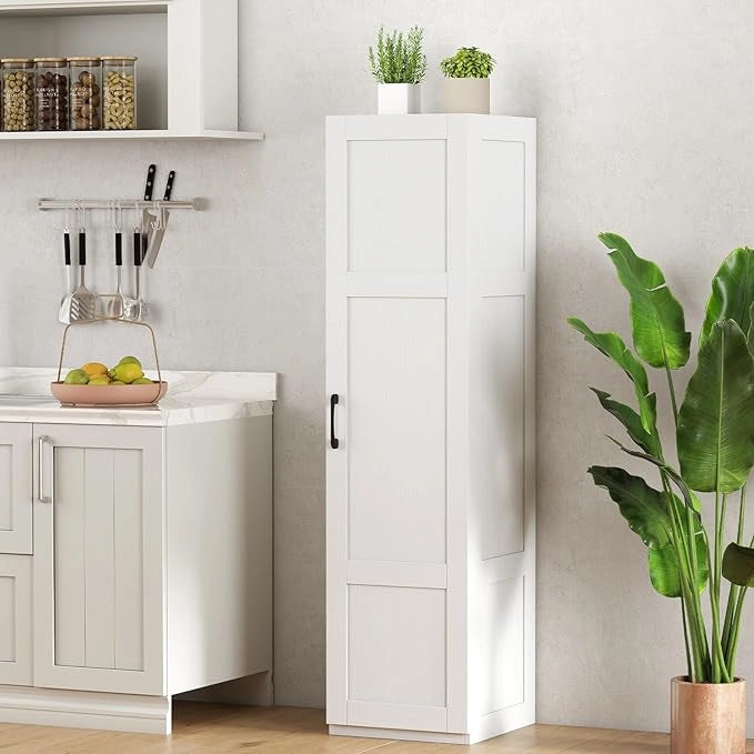 Armadietto Alto 150 cm, Mobile da Terra Indipendente a 4 Ripiani con Porta, Credenza Stretta per Sala da Pranzo, Cucina, Ripostiglio, Soggiorno e Bagno, 40 x 37,5 x 150 cm (Bianco)