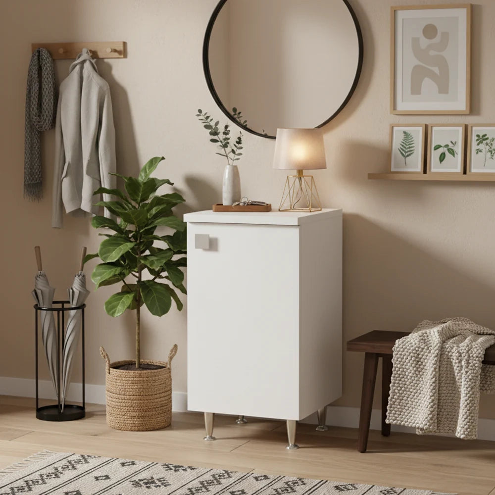 Mobiletto Base 1 Anta Destra Bianco Frassinato | Armadietto Multiuso con Piedini in Metallo | Profondità 50 cm | Già Assemblato per Bagno, Lavanderia, Ingresso