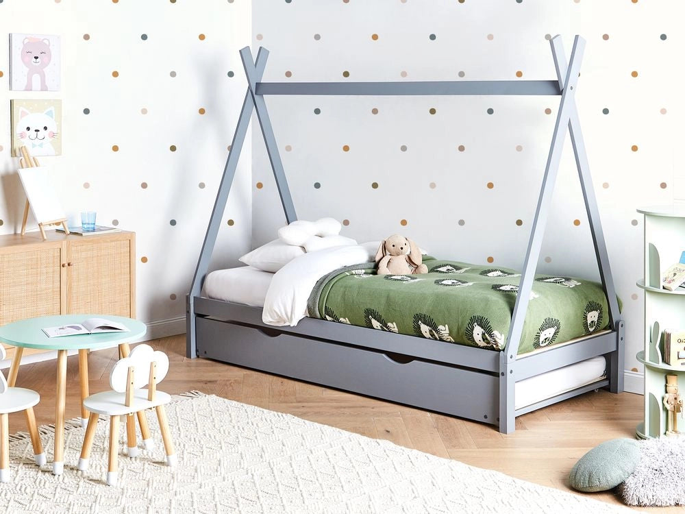 Letto a ribalta per bambini in legno di pino grigio UE misura singola 90 x 200 cm letto a doghe per cameretta moderna per bambini.