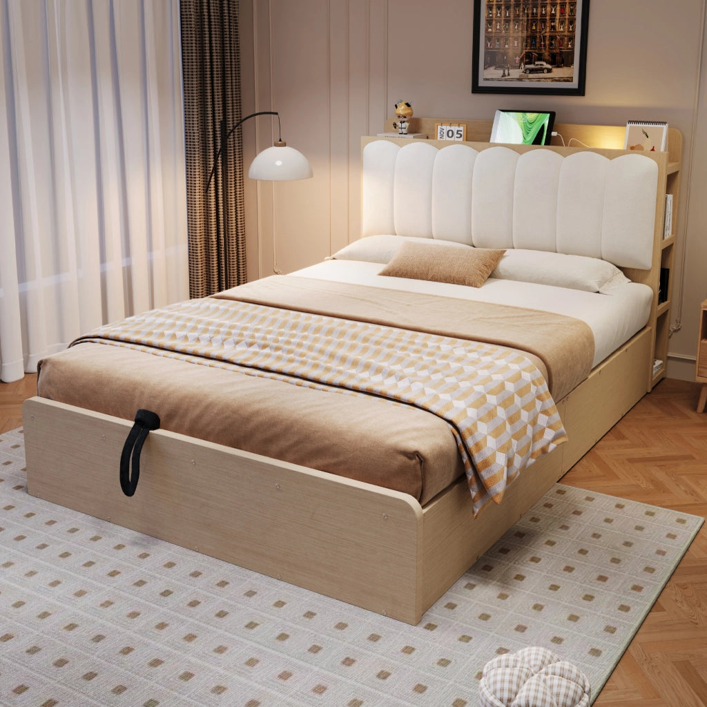 Letto contenitore 140 × 200 cm et 180 × 200 cm con testiera imbottita, USB, luce notturna, senza materasso, naturale