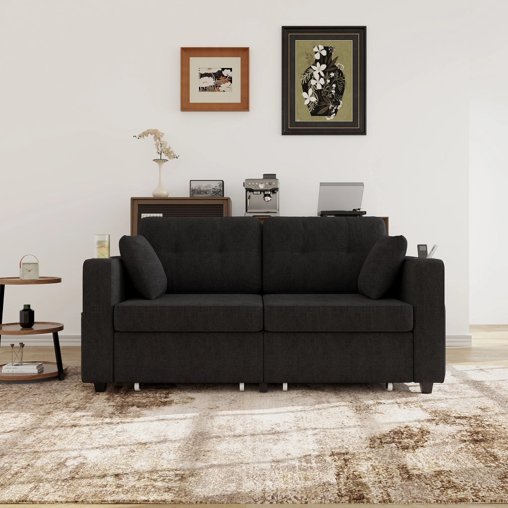 Divano a 2 posti con cassetti contenitore, portabicchieri e tasche laterali in ciniglia nera 172 × 75 × 82 cm