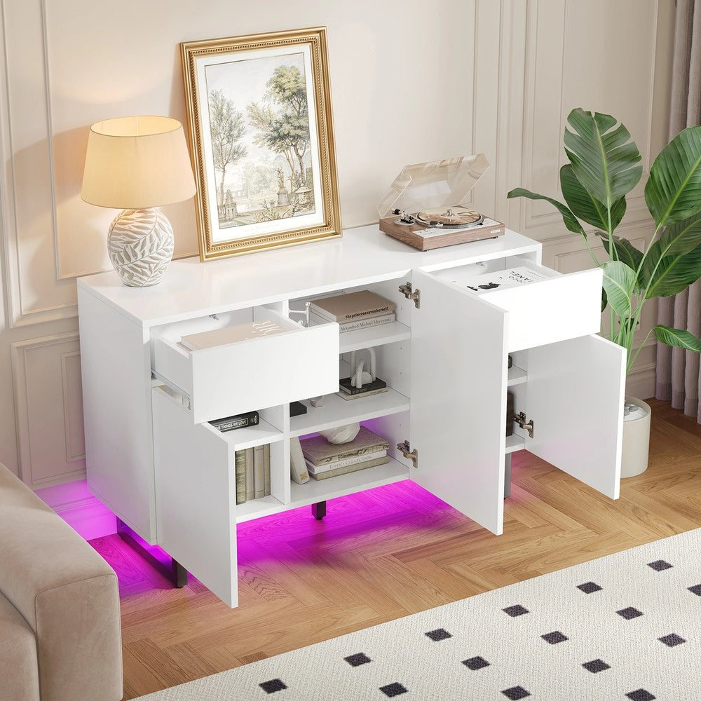 Credenza 120 cm con Cassetti e Ante ¨C MINIMAL ¨C Bianco con Maniglie Nere e Gambe in Metallo