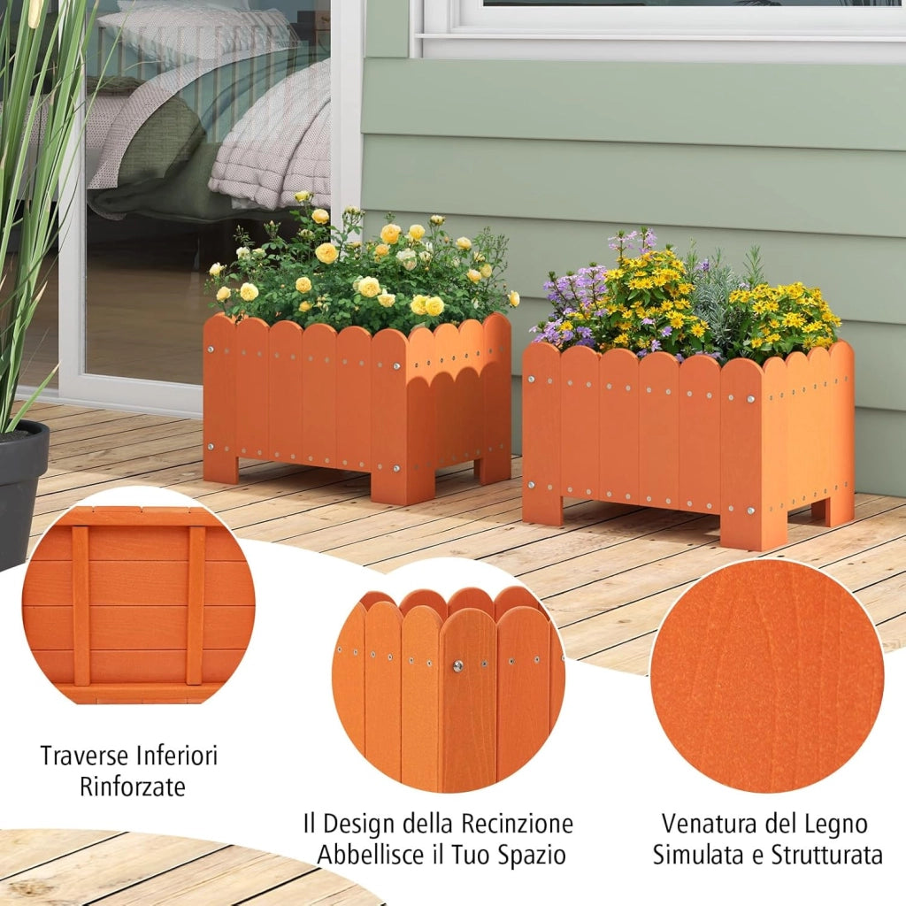 Set di 2 Fioriere in HDPE Resistente alle Intemperie con Aperture per Drenaggio, Aiuola Rialzata per Verdure, Fiori e Piante su Terrazzo, Giardino e Balcone, 45 x 32 x 30 cm (Arancione)
