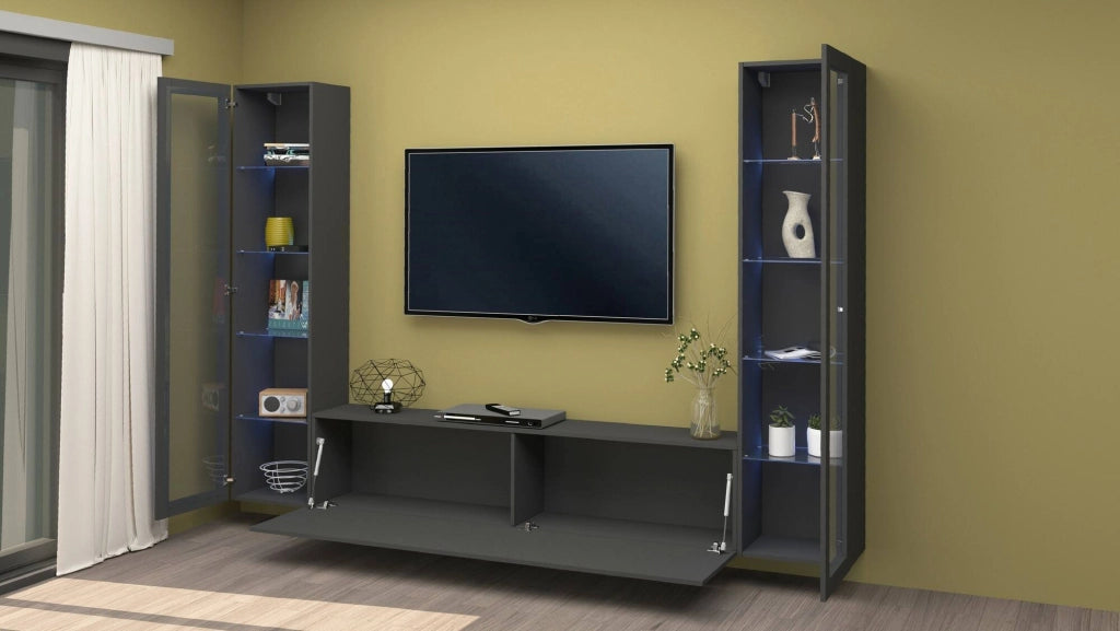 Mobile Soggiorno Leda, Parete Attrezzata 9 Ripiani Made in Italy, 260x30x180h cm Nero Antracite