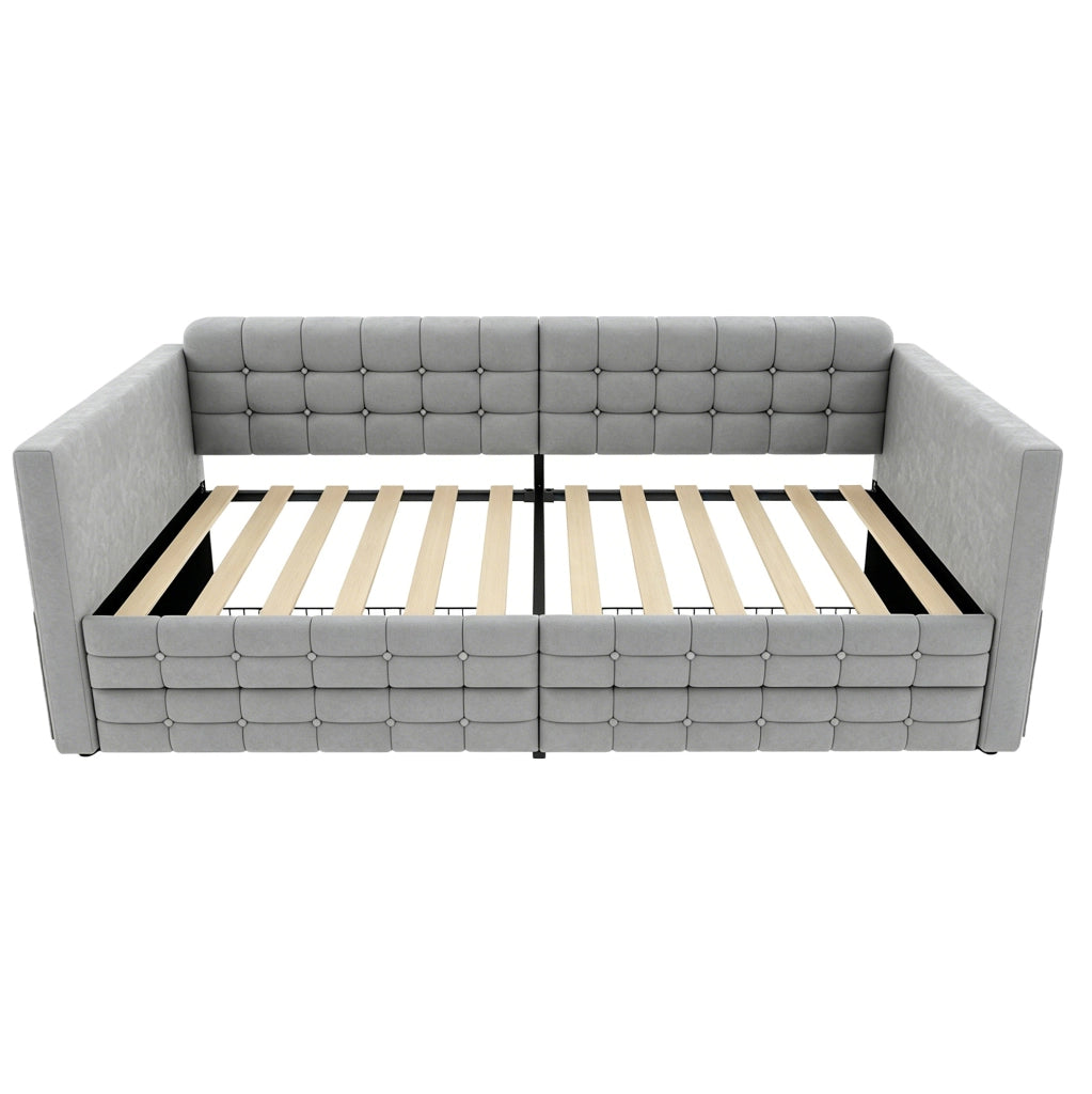 Letto imbottito 90x190 cm con 2 cassetti e tasche laterali in velluto grigio chiaro