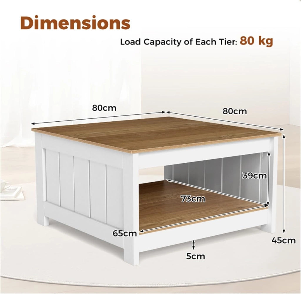 Tavolino Basso a 2 Livelli, Tavolino Quadrato con Ripiano Inferiore Aperto, Piano Superficie Antiscivolo, Portata Massima 80 kg, per Soggiorno e Ufficio, 80 x 80 x 45 cm