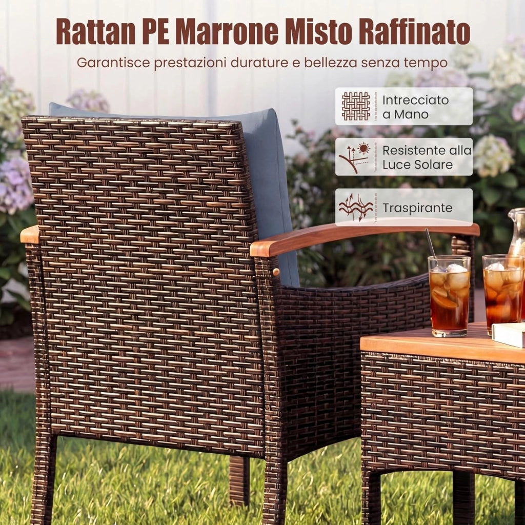 Set Salotto da Giardino per 2 Persone, Poltrone da Giardino in Rattan e Legno con Tavolino Laterale, Salottino da 3 Pezzi con Cuscini per Cortile, Veranda e Balcone (Grigio)