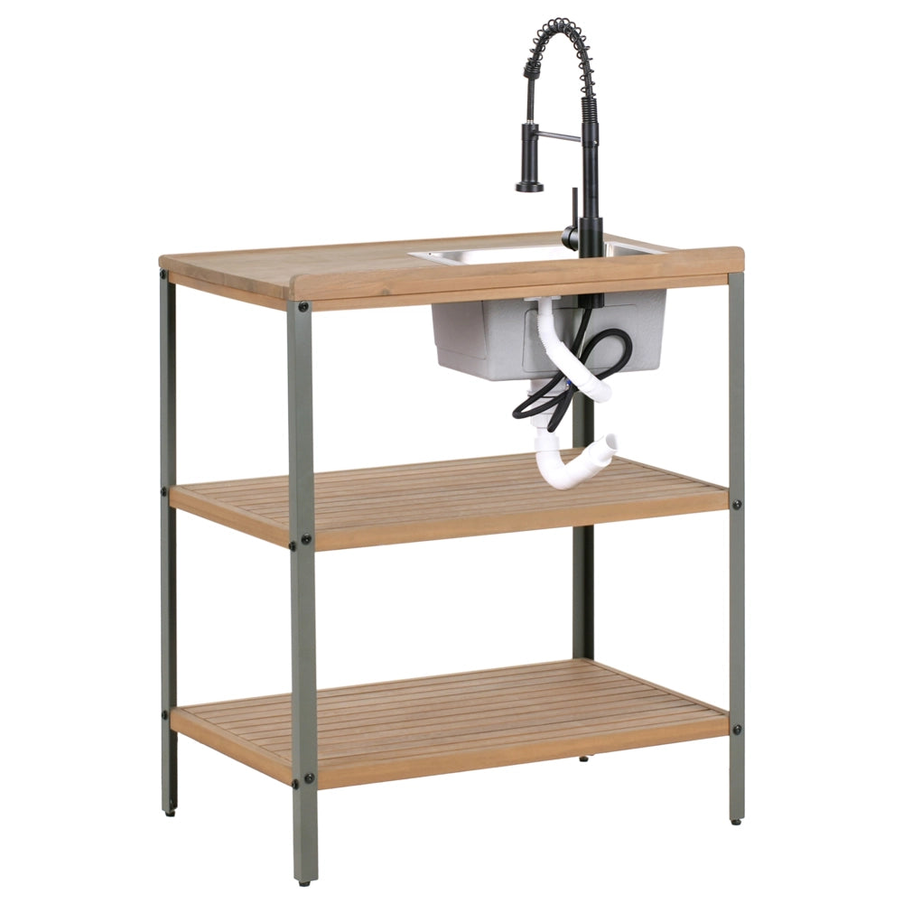 Cucina da esterno 3 elementi in legno di acacia con lavello e rubinetto in acciaio inox in legno massiccio marrone e nero