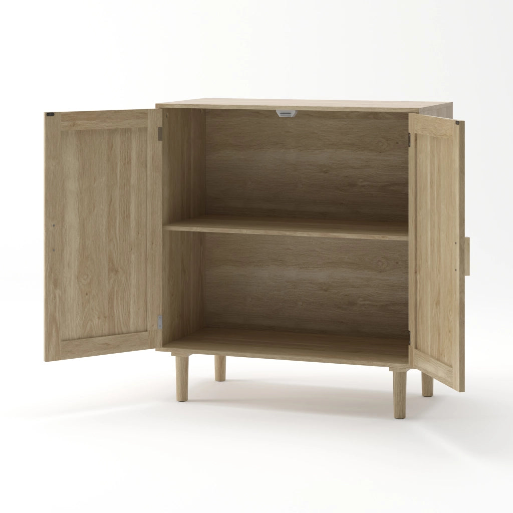 Credenza a 2 ante in rattan e MDF con maniglie in legno, per soggiorno e ingresso, naturale, 80 × 40 × 88 cm