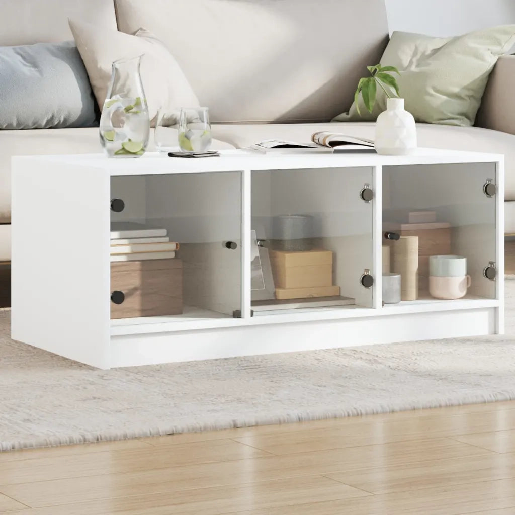 Tavolino da salotto | Tavolino da caff¨¨ | Tavolino da Soggiorno con Ante in Vetro Bianco 102x50x42 cm