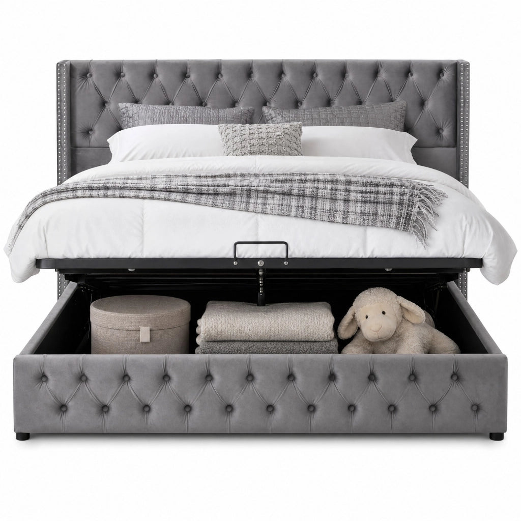 Letto matrimoniale contenitore 160x200 cm in velluto grigio stile Chesterfield