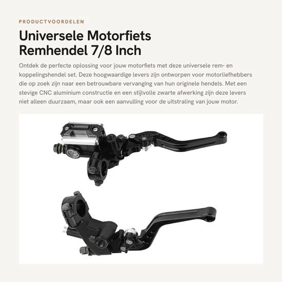 Set di Regolazione Rem e Koppeling Universale in Alluminio CNC - Adattabile per Manubri da 7/8 Pollici - Incluso 1 Paio - Hendel per Motocicletta 

Specifiche tecniche:
- Materiale: Alluminio CNC
- Adattabile per manubri da 7/8 pollici
- Incluso 1 paio