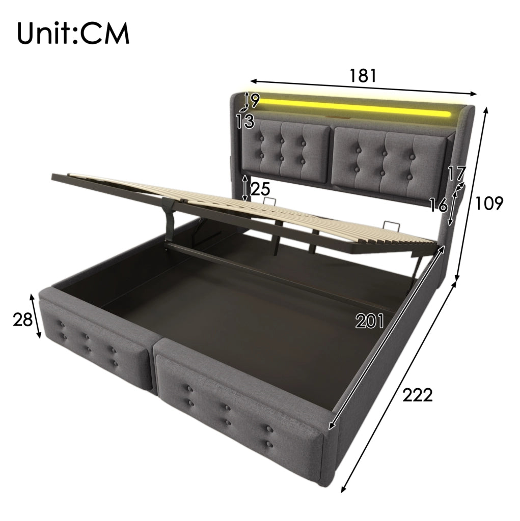 Letto matrimoniale contenitore 180x200 cm con LED e USB C; cotone e lino grigio