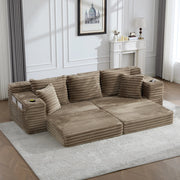 Divano letto componibile in tessuto a coste con schienale alto, cuscini, tasche laterali e portabicchieri, khaki