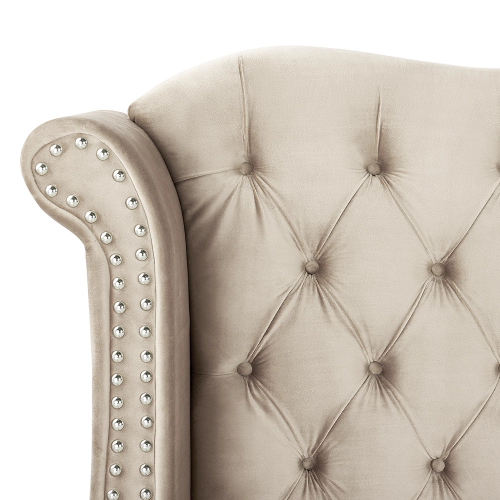 Letto in velluto color beige 180 x 200 cm testiera alta decorata con bottoncini stile retrò e tradizionale
