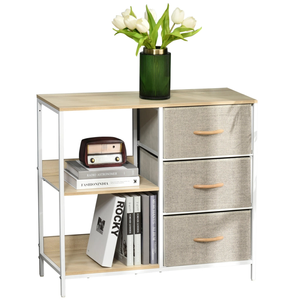 Cassettiera Tessuto con 3 Cassetti e 2 Ripiani Aperti ¨C Zephmum ¨C 80x29x71 cm Naturale Grigio
