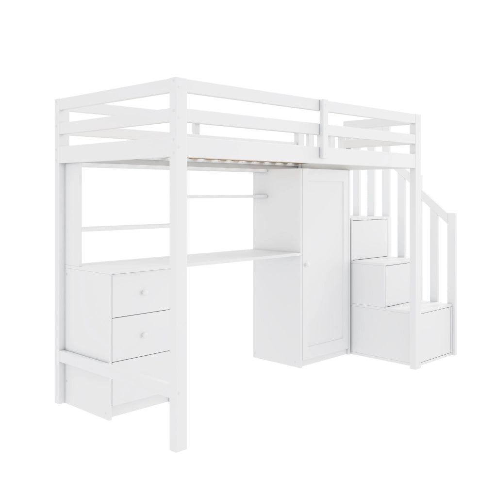 OKWISH Letto a Castello 90×200 cm, Letto Singolo con Scrivania, Armadio, Cassetti e Contenitori nella Scala, senza Materasso, Bianco