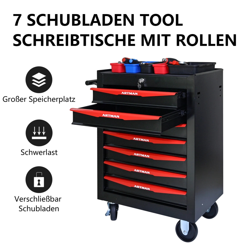Carrello portautensili mobile in acciaio con 7 cassetti, 60x33x77,5 cm, colore nero e rosso