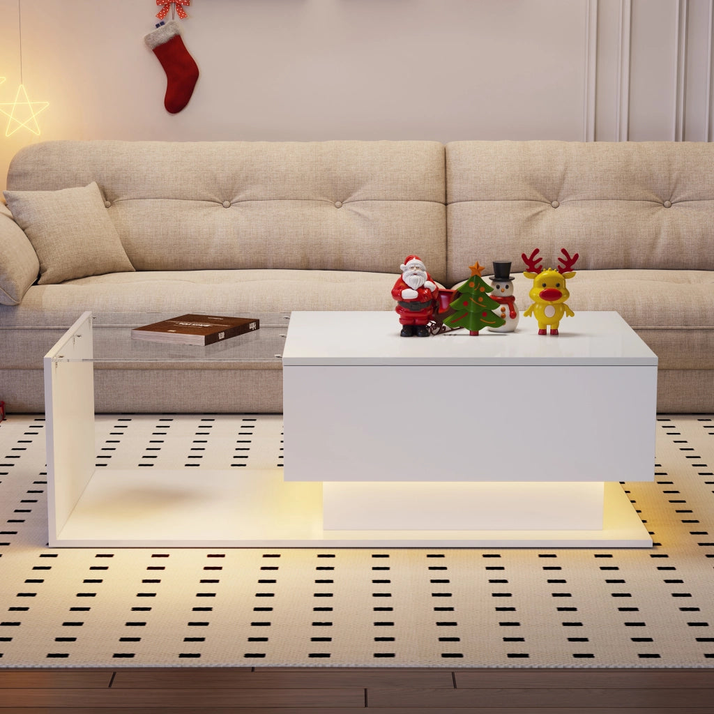 Tavolino da salotto 100x50x32 cm; con LED intelligente e cassetto; truciolato; bianco