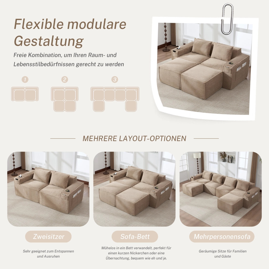 DIVANO modulare 2 posti 188x162x75 cm in corduroy khaki con 2 pouf