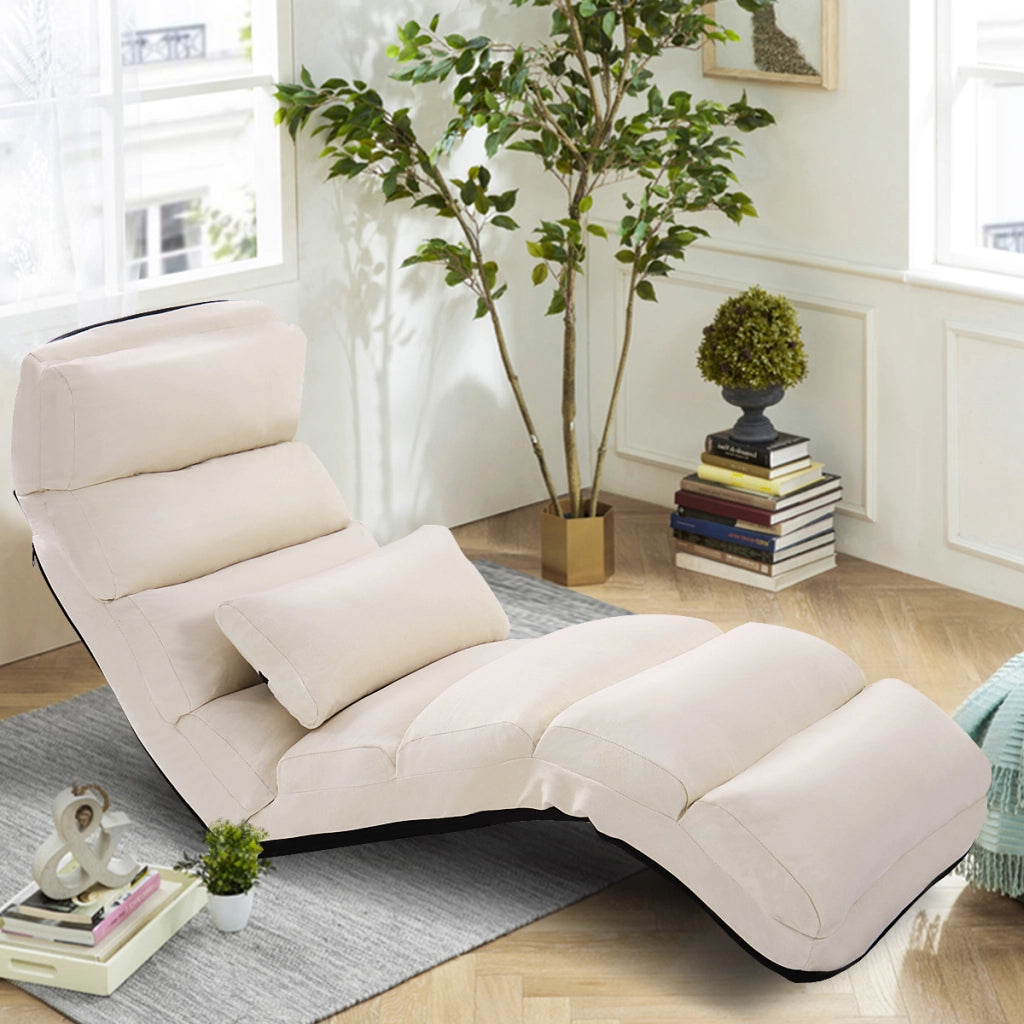 Poltrona pieghevole da terra rivestito in finto camoscio, Divano imbottito regolabile in 5 posizioni Beige-Divani da terra