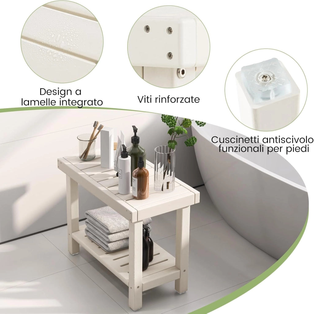 Sgabello da Doccia a 2 Livelli, Panca da Bagno Impermeabile con Piedini Antiscivoli, Design a Stecche, Sgabello Versatile con Carico 150 kg, 61 x 31 x 49 cm (Bianco)