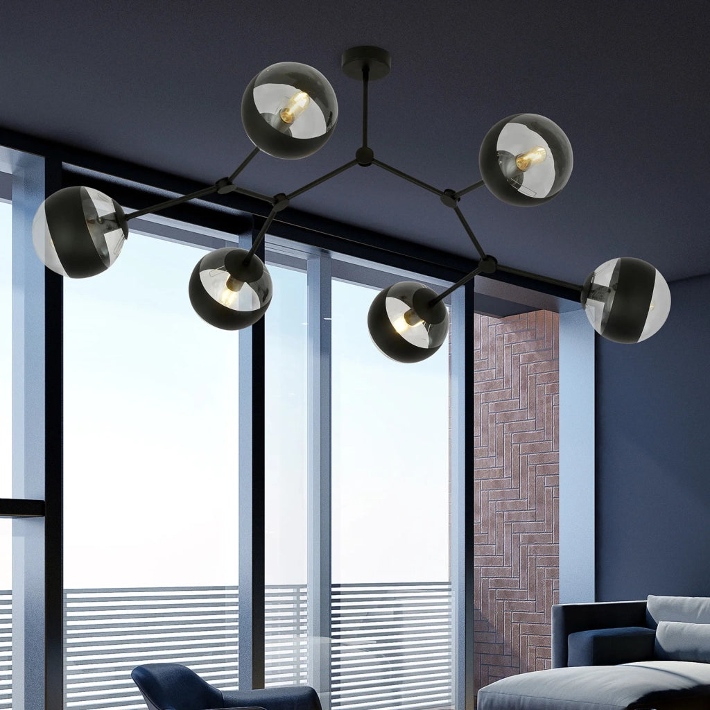 Plafoniera Minimal Iperione Acciaio Nero 6 Luci E14 Ip20