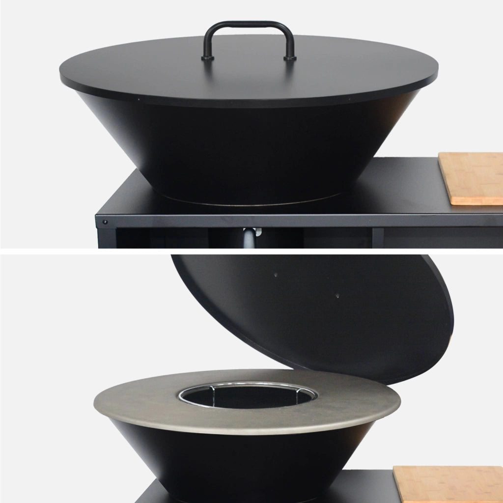 Braciere barbecue ø80cm, carrello con spazi di stoccaggio e coperchio,