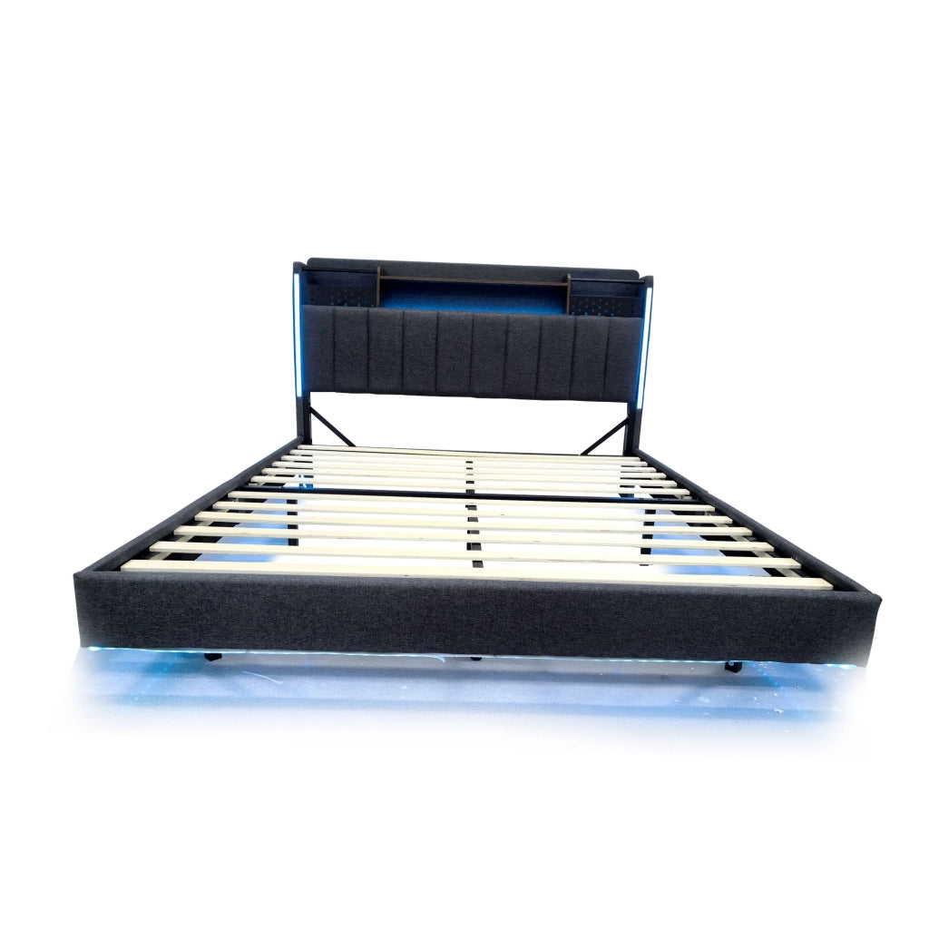 Letto Matrimoniale 160x200 cm con USB; LED e contenitore in testiera - Grigio