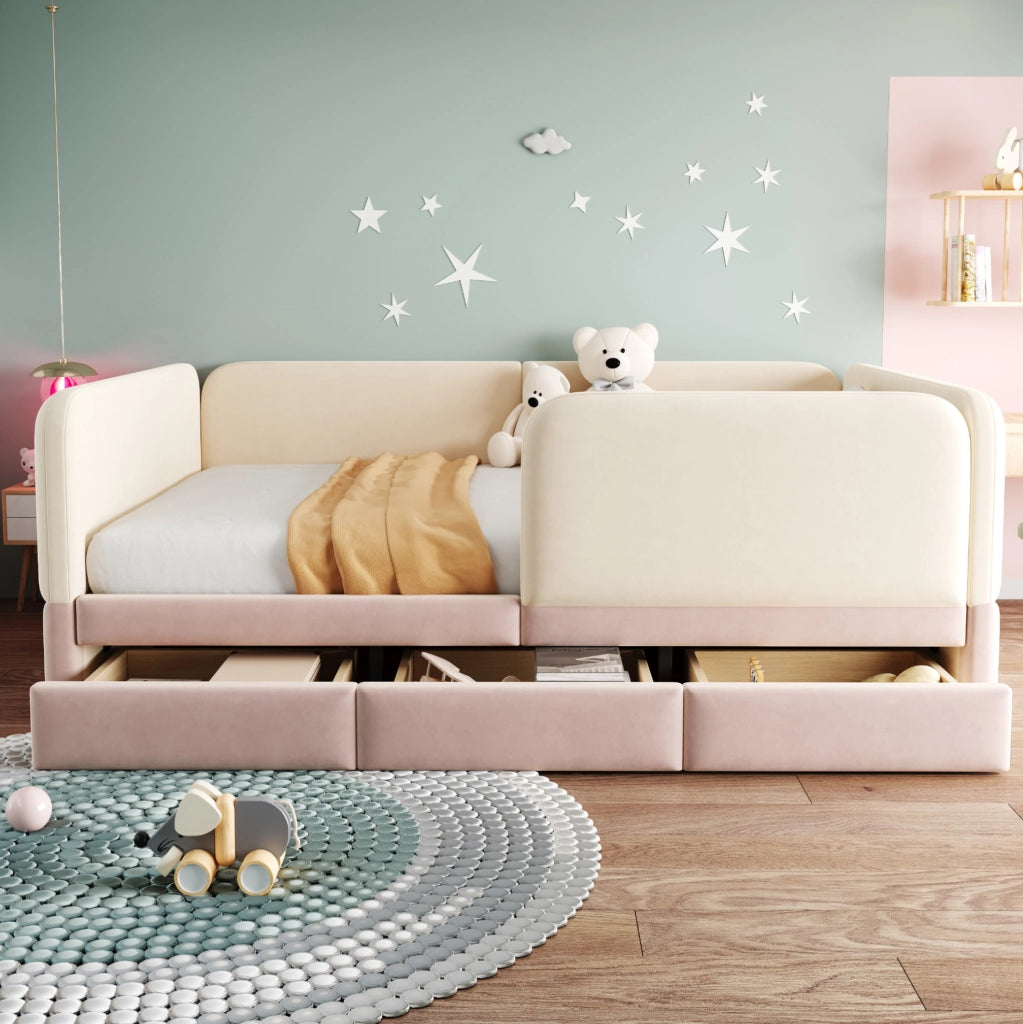 Letto imbottito per bambini 208x147x67 cm con protezione perimetrale in velluto beige e rosa