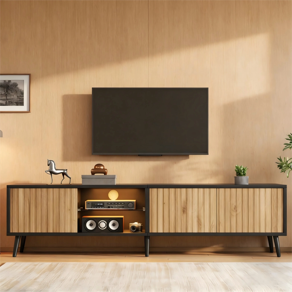 Cassettiera TV in truciolato naturale e nero 175 cm