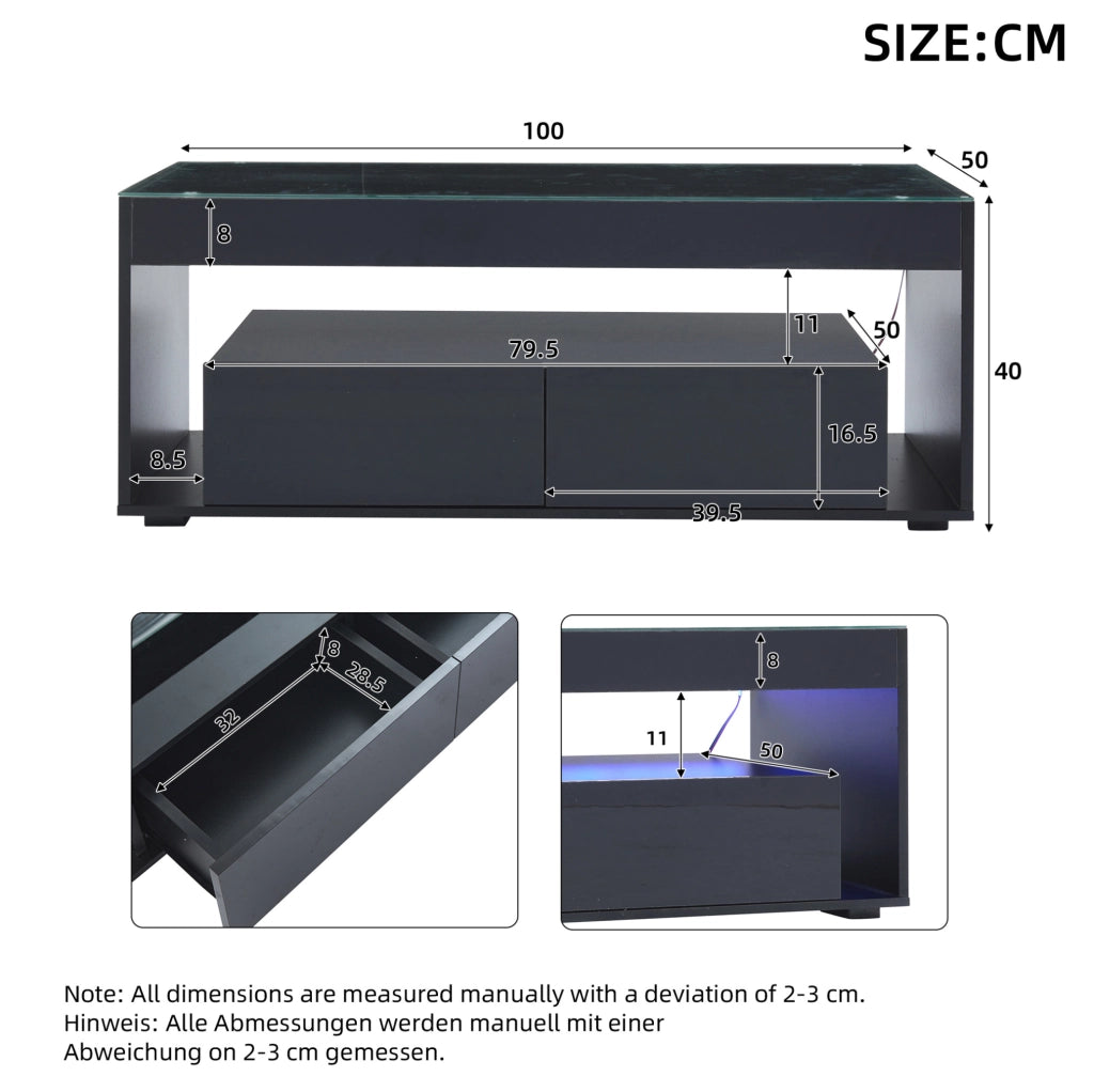 Tavolino da caffè moderno con LED; 100 x 50 x 40 cm; in truciolare e vetro temperato nero