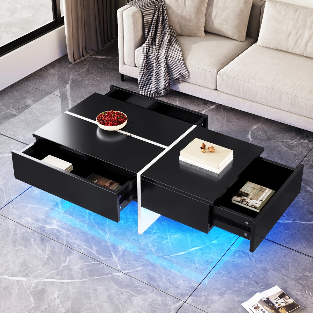 OKWISH Tavolino da Caffè Laccato con 3 Cassetti e LED controllato da applicazione, per Soggiorno, in Truciolare, Nero, 100×50×34,5 cm