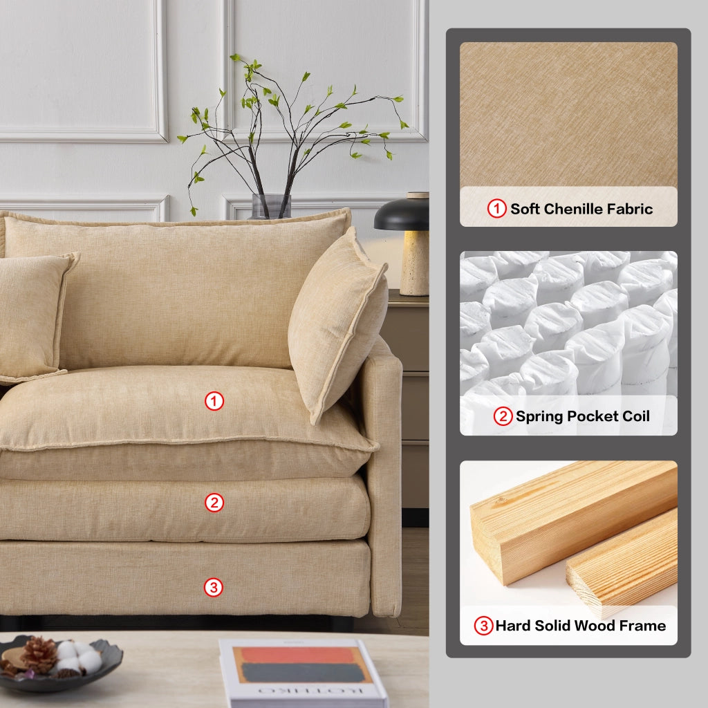 Divano angolare modulare a L con chaise longue e pouf, rivestimento in chenille, caffè chiaro, per 3 persone