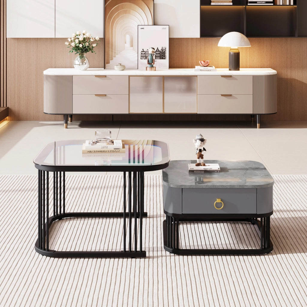 Tavolini da salotto 60x60x44.5 cm e 50x50x34.5 cm; design modulare con cassetti; MDF; nero