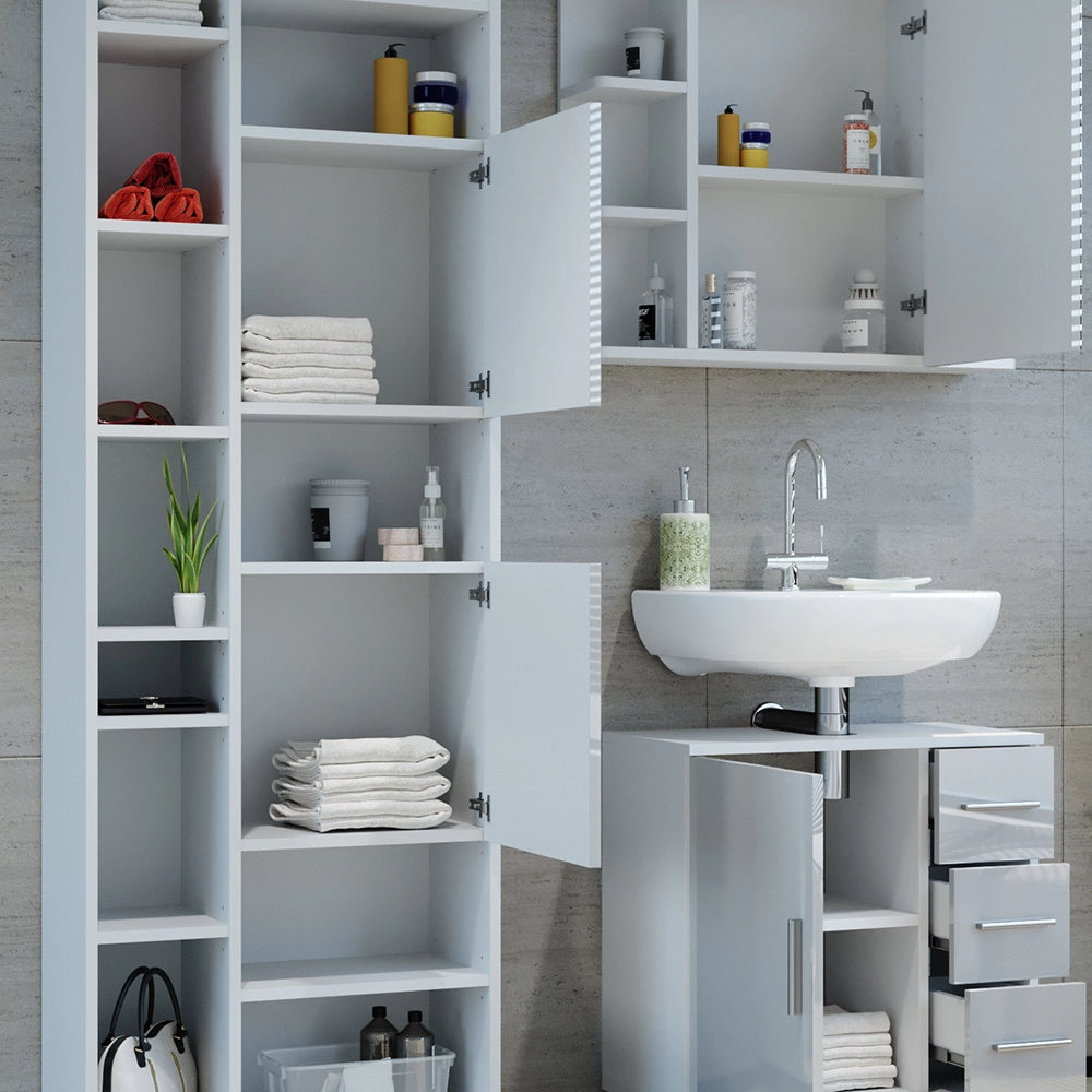 Vicco Set mobili bagno Bianco lucido 3 parti, con armadio alto