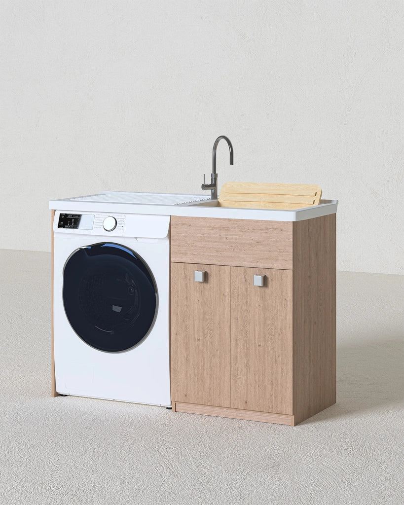 Mobile coprilavatrice Pulsa Sx - Con 2 anta e lavatoio - Contenitore salvaspazio per bagno e lavanderia - Lavatrice non inclusa - Virginia - 124x93x60 cm_