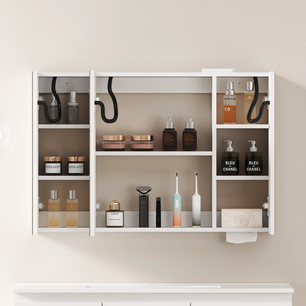 Armadietto Specchio con LED e Ripiani ¨C MINIMAL ¨C Bagno, Bianco, 90 cm