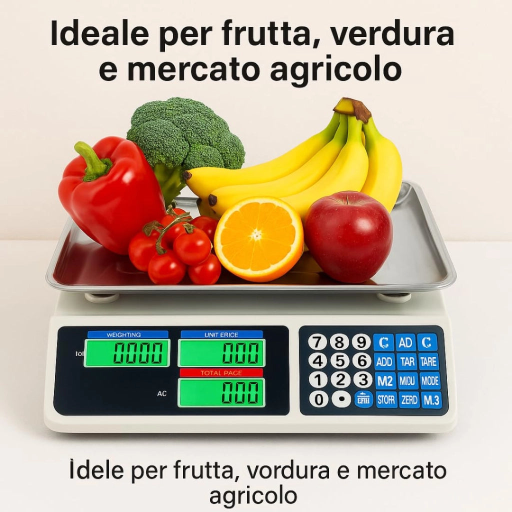 Bilancia Elettronica Professionale da Banco per Alimenti - Bilancia Digitale con 7 Tasti di Memoria e Piatto in Acciaio Inox e Schermo LCD con Prezzo