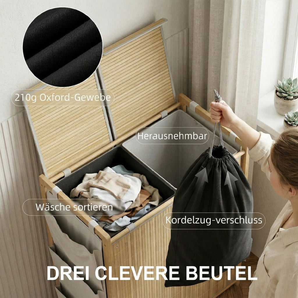 Cesto portabiancheria in bamb¨´ con sacco estraibile e tasche laterali ¨C Xylo ¨C 120L naturale