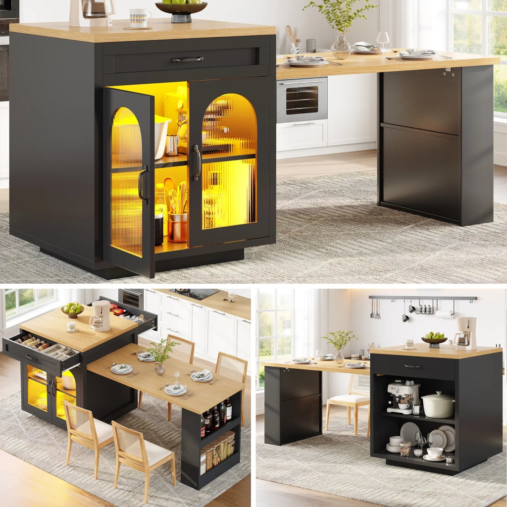 Isola cucina estraibile con illuminazione LED, mobile moderno con 2 cassetti e ripiani regolabili, credenza con ante vetro zigrinate, piano lavoro in MDF per zona pranzo