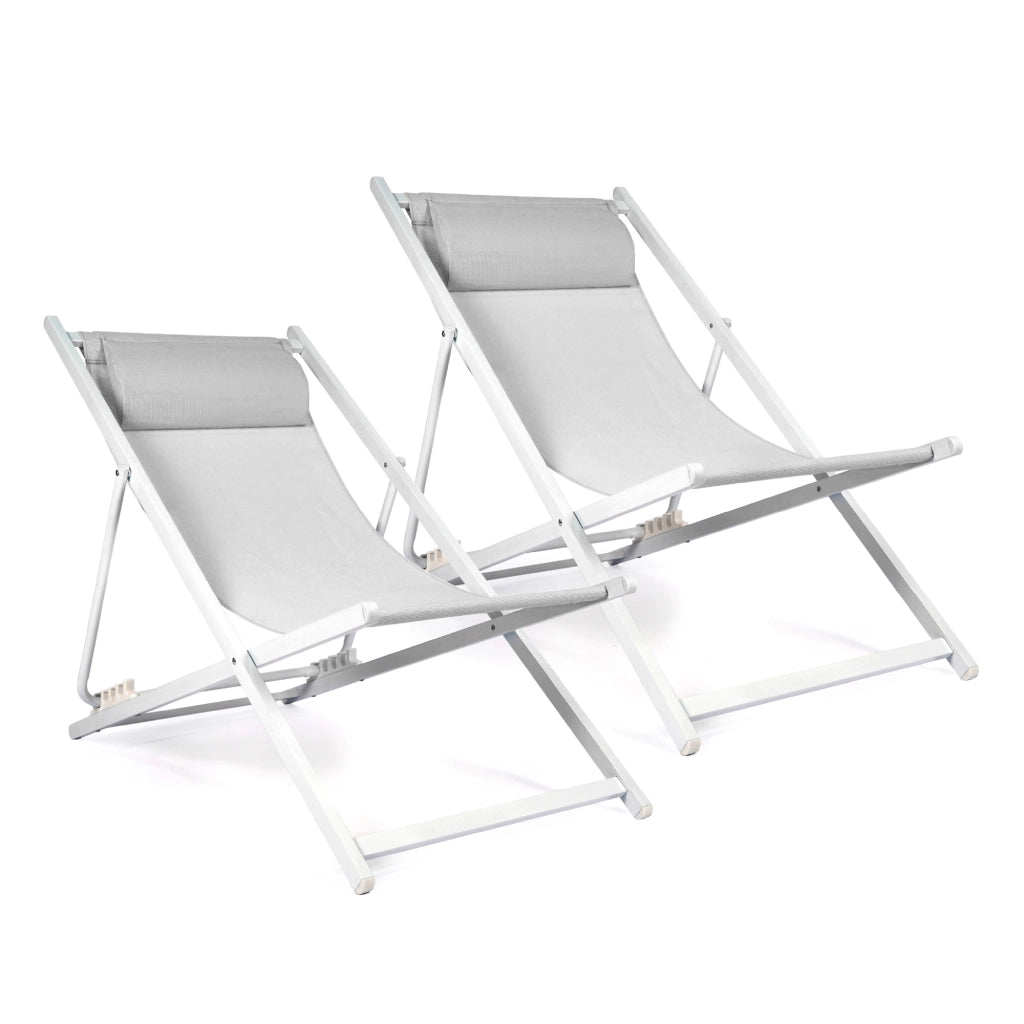 Set 2 Sdraio Mare Pieghevoli Reclinabili con Poggiatesta, Lettini da Spiaggia in Acciaio e Textilene, Sedie Relax per Giardino, Piscina, Terrazza e Campeggio, Beige Grigio