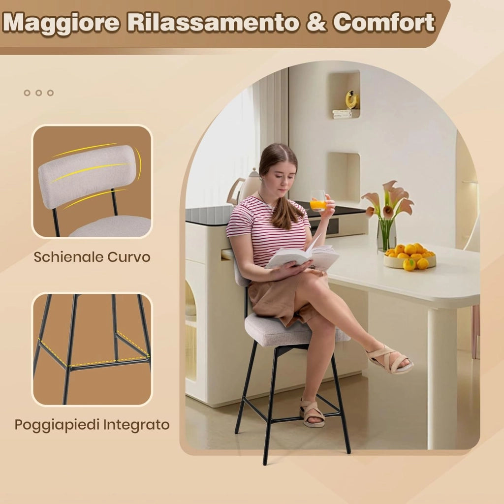 Set di 2 Sgabelli da Bar Girevoli a 360°, Sgabelli da Cucina con Schienale, Poggiapiedi, Sedia Alta Moderna Imbottita Struttura in Metallo, Altezza 90,5 cm, Capacità di 150 kg (Beige)